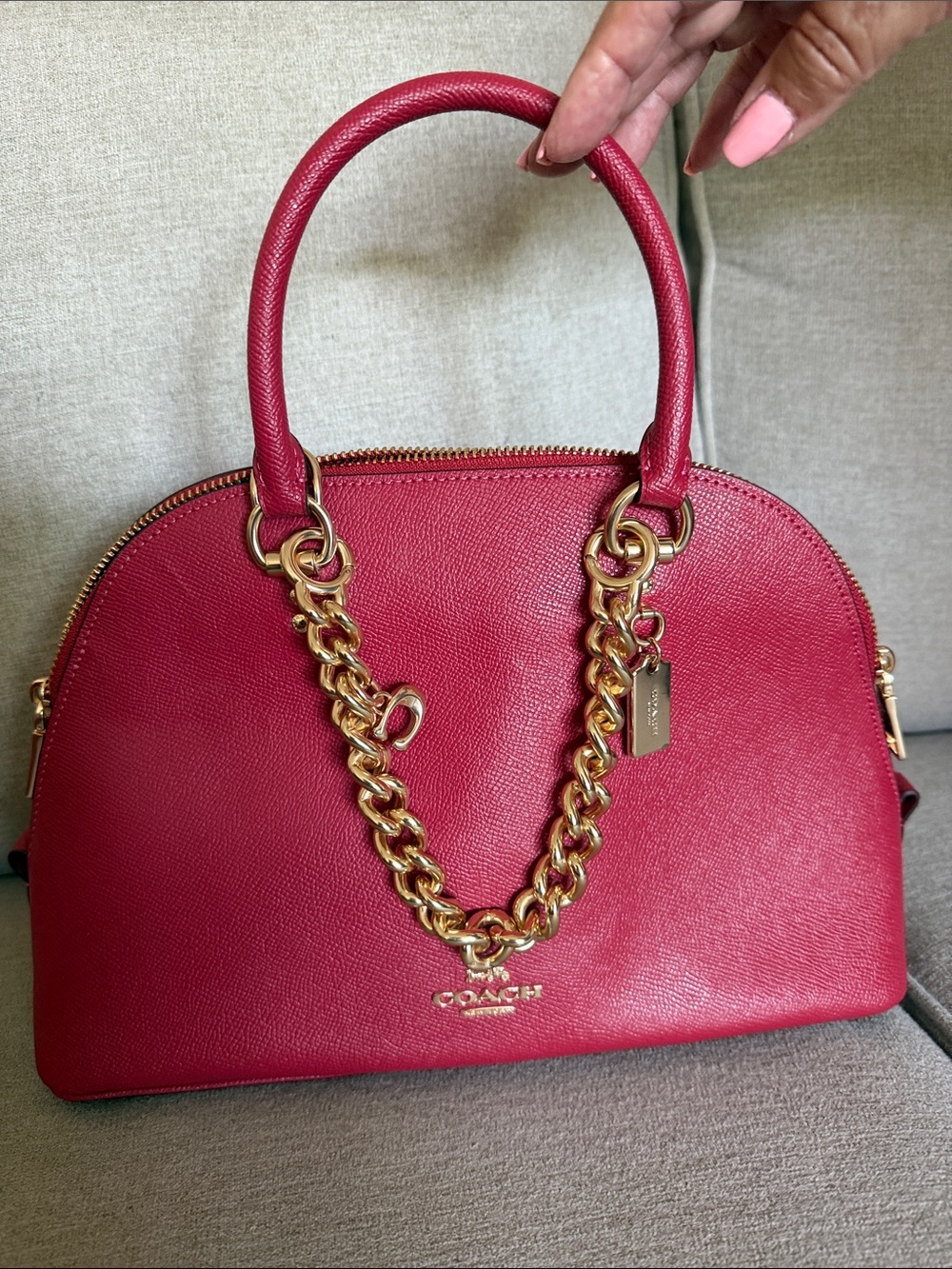 Coach Pebbled Leather Dome Satchel in Raspberry Pink with Gold Chain